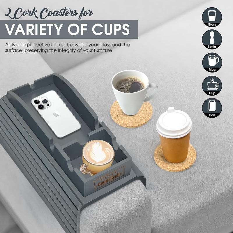 AuroraSynth Couch Cup Holder Tray with 2 Cork Coasters, Caddy, Anti-Slip Foldable Armrest Sofa Tray, Anti-Spill Holder for Remote, Snacks, Cellphone - Ideal Gift (Grey) - Image 4