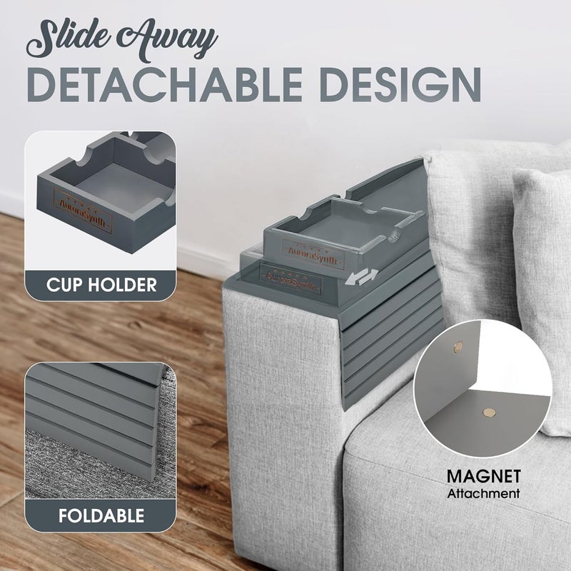 AuroraSynth Couch Cup Holder Tray with 2 Cork Coasters, Caddy, Anti-Slip Foldable Armrest Sofa Tray, Anti-Spill Holder for Remote, Snacks, Cellphone - Ideal Gift (Grey) - Image 2