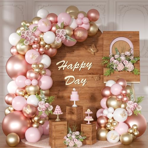 NUTTYBASH Rose Gold Pink Balloon Arch Kit 163 Pcs rose gold Balloon Garland Kit Include Rose Gold Pink White Balloons for Wedding Birthday Bridal Baby Shower Party Decorations - Image 1