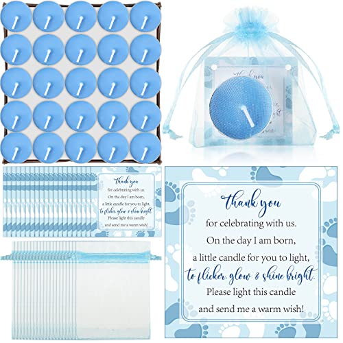 Geosar 50 Sets Baby Shower Party Favors Including 50 Pcs Unscented Tealight Baby Shower Candles Gift Bags Cards for Gender Reveal Party Supplies(Blue) - Image 1