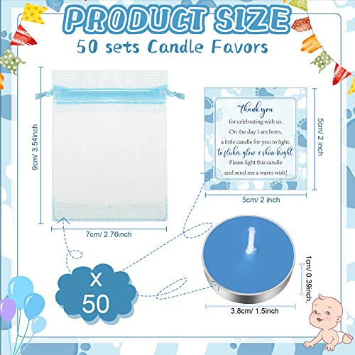 Geosar 50 Sets Baby Shower Party Favors Including 50 Pcs Unscented Tealight Baby Shower Candles Gift Bags Cards for Gender Reveal Party Supplies(Blue) - Image 2