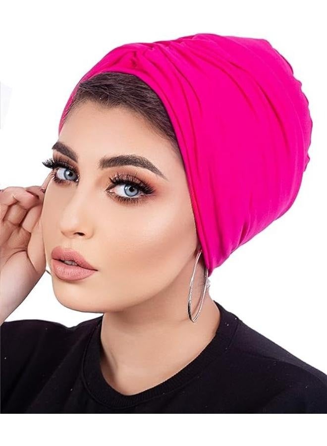 Women's Turban Cotton Turban (2 Pieces) Women Hat Hijab Ladies Turban Women Bonnet Caps Headwear Turban for Women, Fuchsia - Image 2