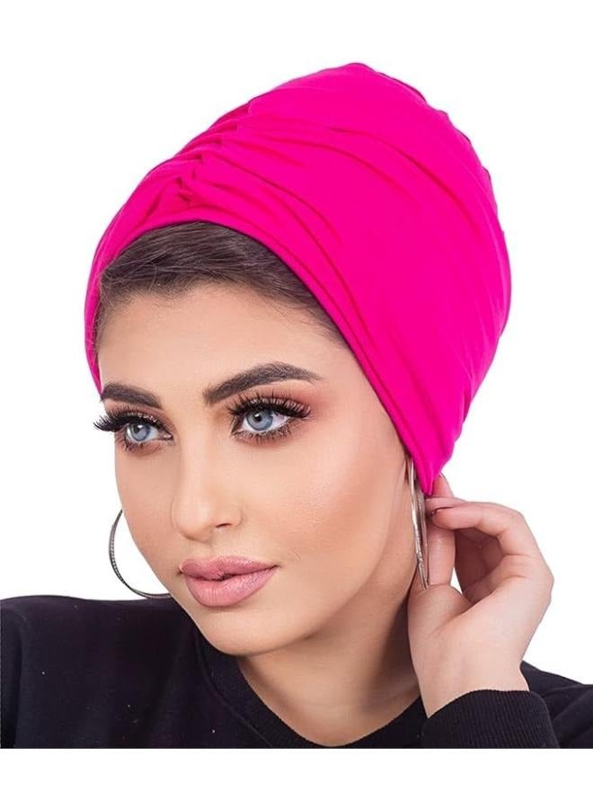 Women's Turban Cotton Turban (2 Pieces) Women Hat Hijab Ladies Turban Women Bonnet Caps Headwear Turban for Women, Fuchsia - Image 3