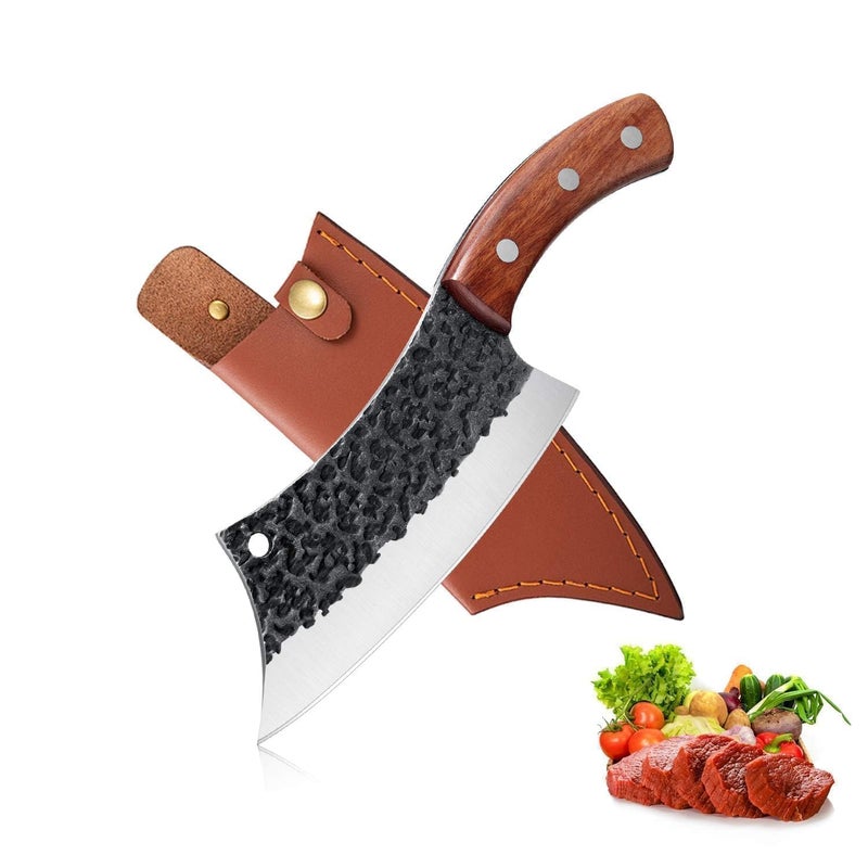 Freelander Hand Forged Knives Meat Cleaver Knife for Meat Cutting High Carbon Viking Knife with Sheath Full Tang Chef Kitchen Butcher Knife for HomeOutdoor Camping BBQ