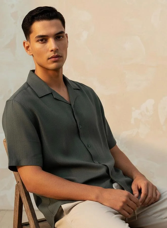 Splash FAV Men Regular Fit Camp Collar Short Sleeve Linen Blend Shirt