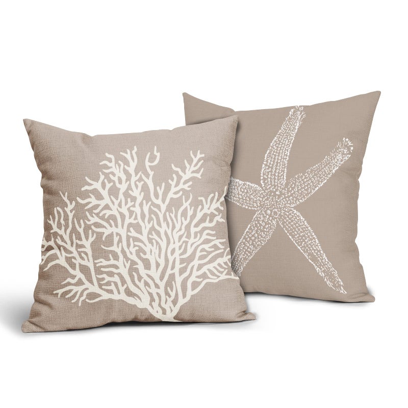 ABSOP Tan Starfish Throw Pillow Covers 18x18 Inch Set of 2 Coastal Coral Beach Nautical Pillow Covers Summer Farmhouse Pillowscase Linen Square Cushion Covers for Sofa Couch Bedroom Home Decoration - Image 1