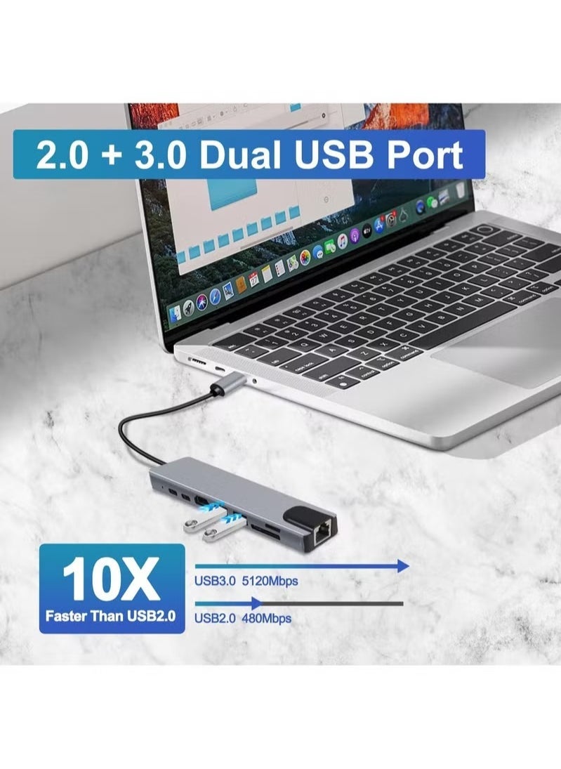 Generic - USB C Hub, 8 in 1 Type C Hub Multiport Adapter with 4K HDMI, PD Power Delivery, USB-C, Ethernet, 2 USB, SD/TF Card Reader Compatible with Mac Book Pro XPS and More Type C Devices - Image 1