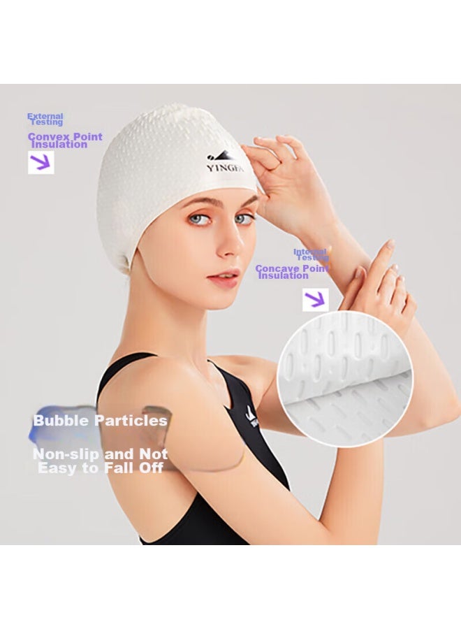 Yingfa Swimming Cap For Men And Women, Ear Protection, Non-binding, Concave Design, Waterproof, Non-slip, Silicone, Water Drop And Bubble Pattern, White - Image 4