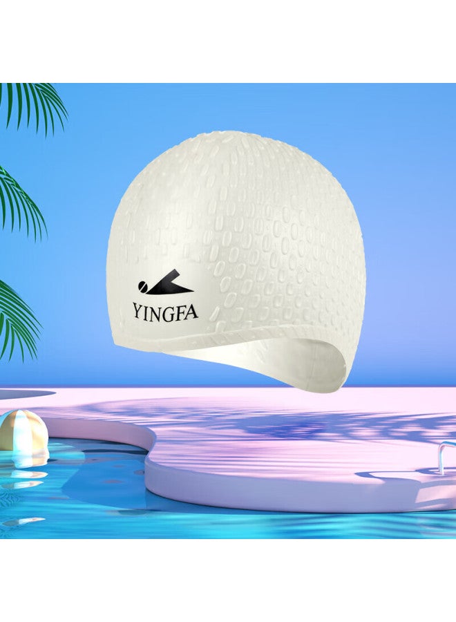 Yingfa Swimming Cap For Men And Women, Ear Protection, Non-binding, Concave Design, Waterproof, Non-slip, Silicone, Water Drop And Bubble Pattern, White - Image 2