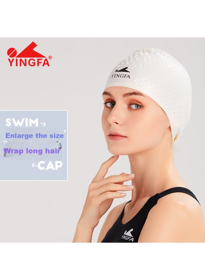 Yingfa Swimming Cap For Men And Women, Ear Protection, Non-binding, Concave Design, Waterproof, Non-slip, Silicone, Water Drop And Bubble Pattern, White - Image 1