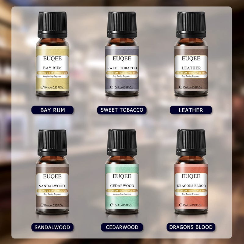 EUQEE مجموعة زيوت عطرية للرجال 6 قطع، مجموعة هدايا للرجال من زيوت العطر الفاخرة - 10 مل - جلد، تبغ حلو، دم التنين، خشب الصندل، باي رم، خشب الأرز (حانات الرجال) - Image 3