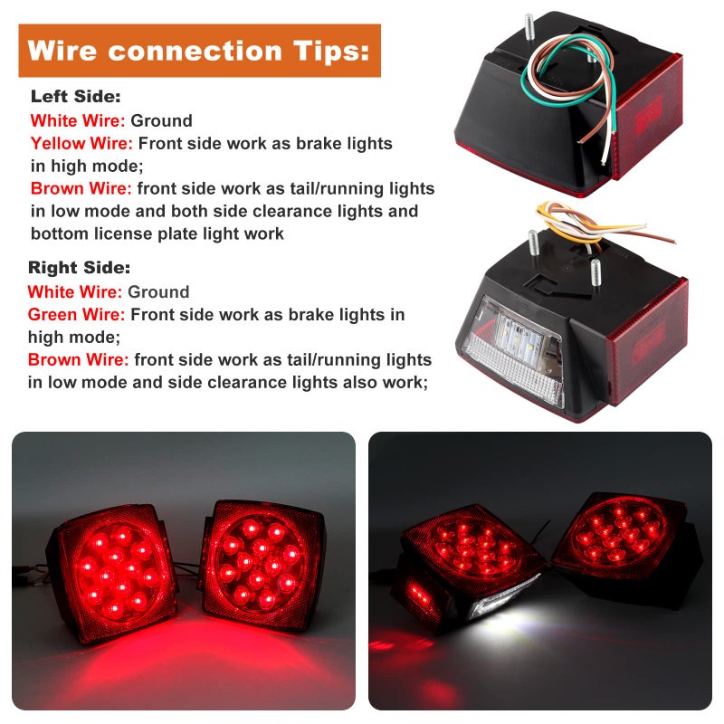 Partswcgg مجموعة أضواء LED للمقطورة 12 فولت، 2x أضواء توقف مربعة LED، أضواء دوران، أضواء ذيل، أضواء لوحة الترخيص مع سلك توصيل بطول 25 قدم/6x أضواء علامة صغيرة/شريط ضوء فرامل ذيل المقطورة 15" 11LED/حامل لوحة الترخيص - Image 2