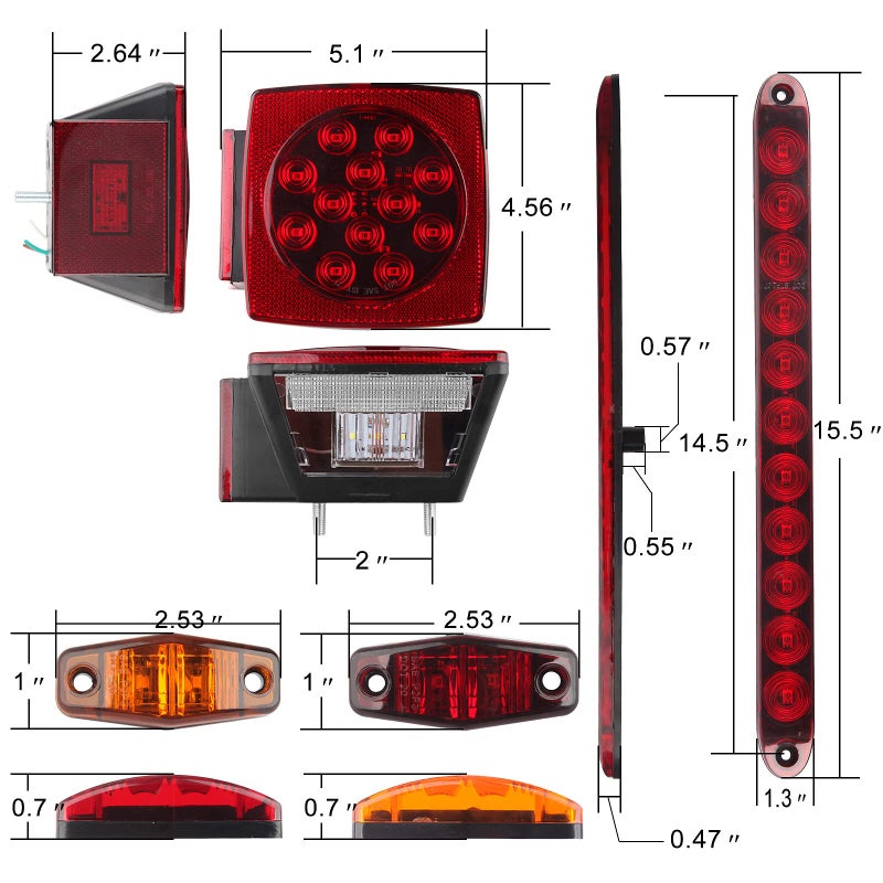 Partswcgg مجموعة أضواء LED للمقطورة 12 فولت، 2x أضواء توقف مربعة LED، أضواء دوران، أضواء ذيل، أضواء لوحة الترخيص مع سلك توصيل بطول 25 قدم/6x أضواء علامة صغيرة/شريط ضوء فرامل ذيل المقطورة 15" 11LED/حامل لوحة الترخيص - Image 4