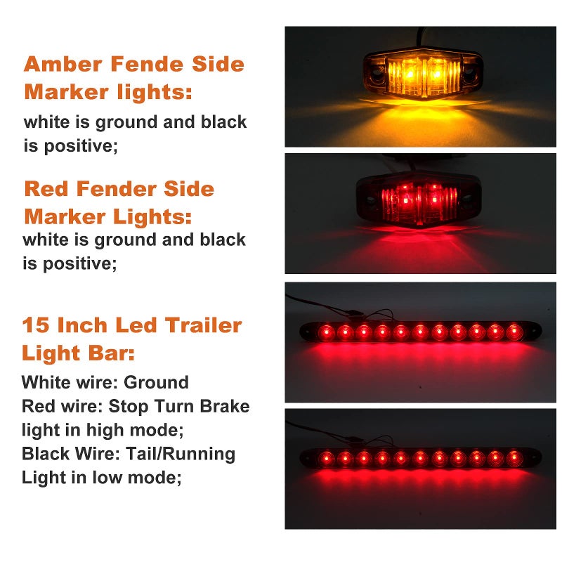 Partswcgg مجموعة أضواء LED للمقطورة 12 فولت، 2x أضواء توقف مربعة LED، أضواء دوران، أضواء ذيل، أضواء لوحة الترخيص مع سلك توصيل بطول 25 قدم/6x أضواء علامة صغيرة/شريط ضوء فرامل ذيل المقطورة 15" 11LED/حامل لوحة الترخيص - Image 3
