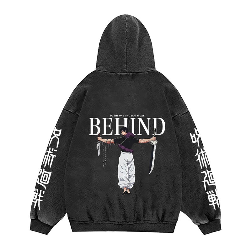 440g Heavy Washed Old Jujutsu Kaisen Printed Street Retro Sweatshirt Street Tide Hat Sweatshirt 2 retro black (back map)