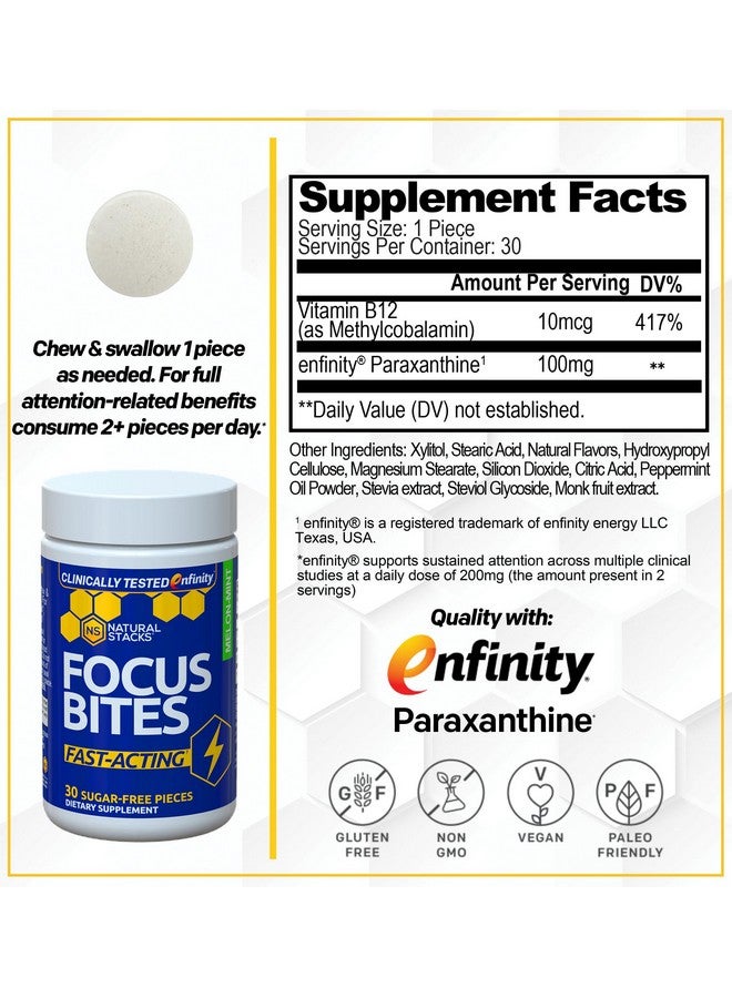 NATURAL STACKS Focus Bites for Productivity & Cognition - Clinically Tested Paraxanthine Supplement - Fast Acting & Clean Stimulation - Caffeine-Free Supplement for Learning - 30 Melon Mint Chewables - Image 2