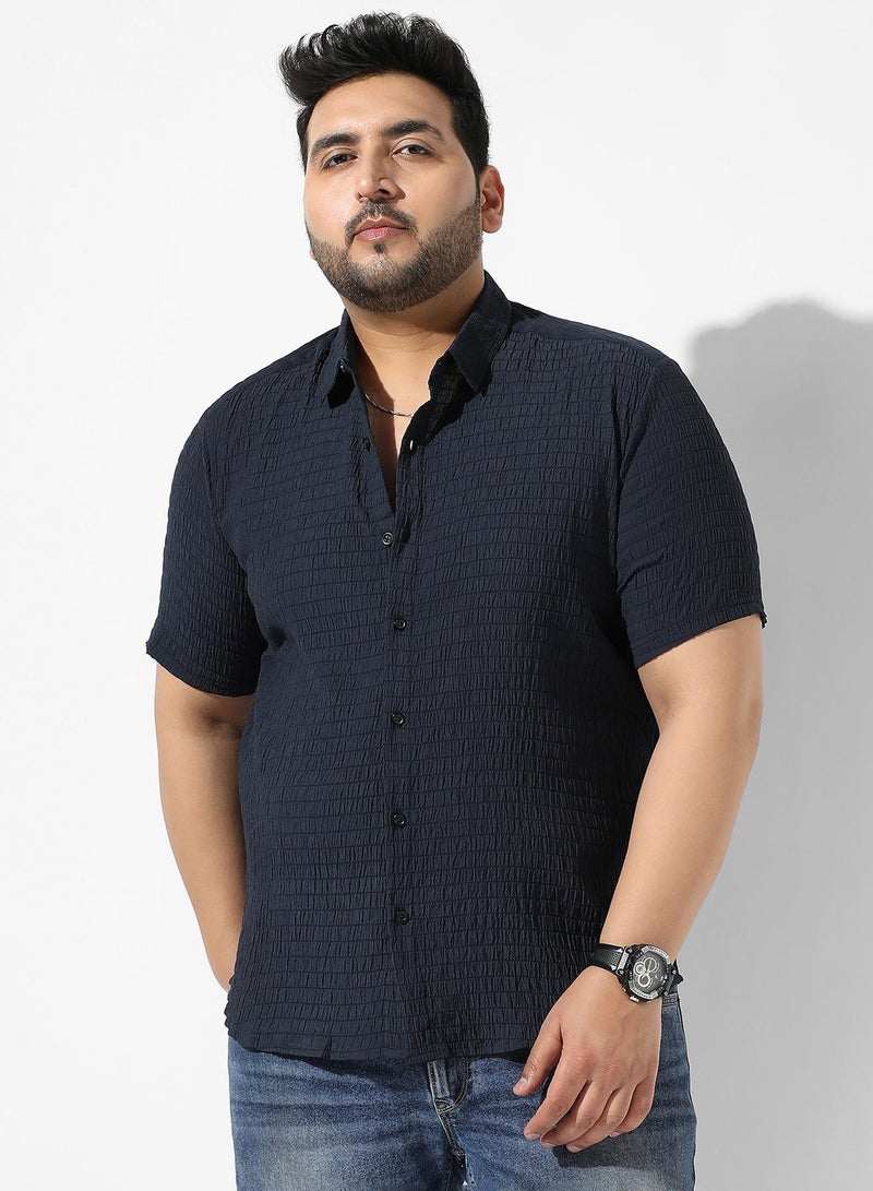 Instafab Plus Men's Navy Blue Textured Button Up Spread Collar Regular Fit Shirt For Casual Wear | Cotton Shirt Crafted With Short Sleeve, Comfort Fit & High-Performance For Everyday Wear - Image 2