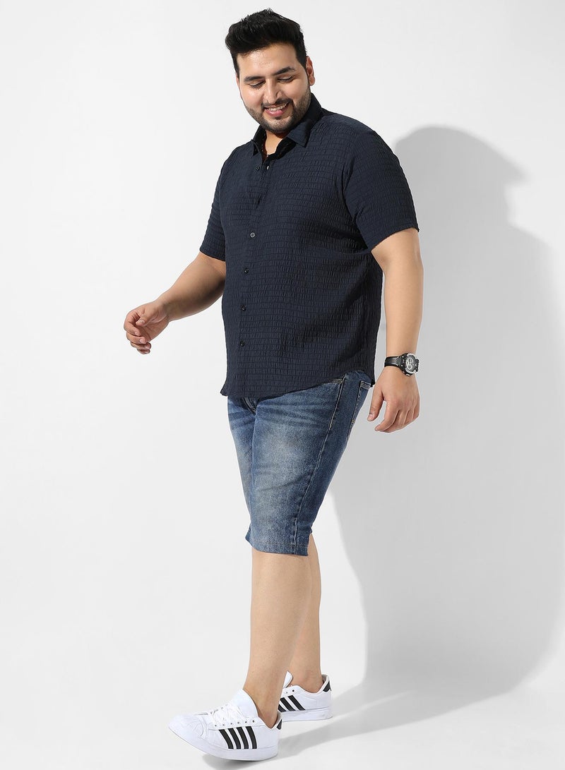 Instafab Plus Men's Navy Blue Textured Button Up Spread Collar Regular Fit Shirt For Casual Wear | Cotton Shirt Crafted With Short Sleeve, Comfort Fit & High-Performance For Everyday Wear - Image 5
