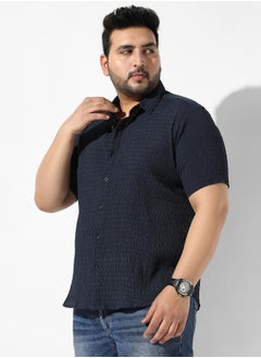 Instafab Plus Men's Navy Blue Textured Regular Fit Casual Shirt  - Image 3