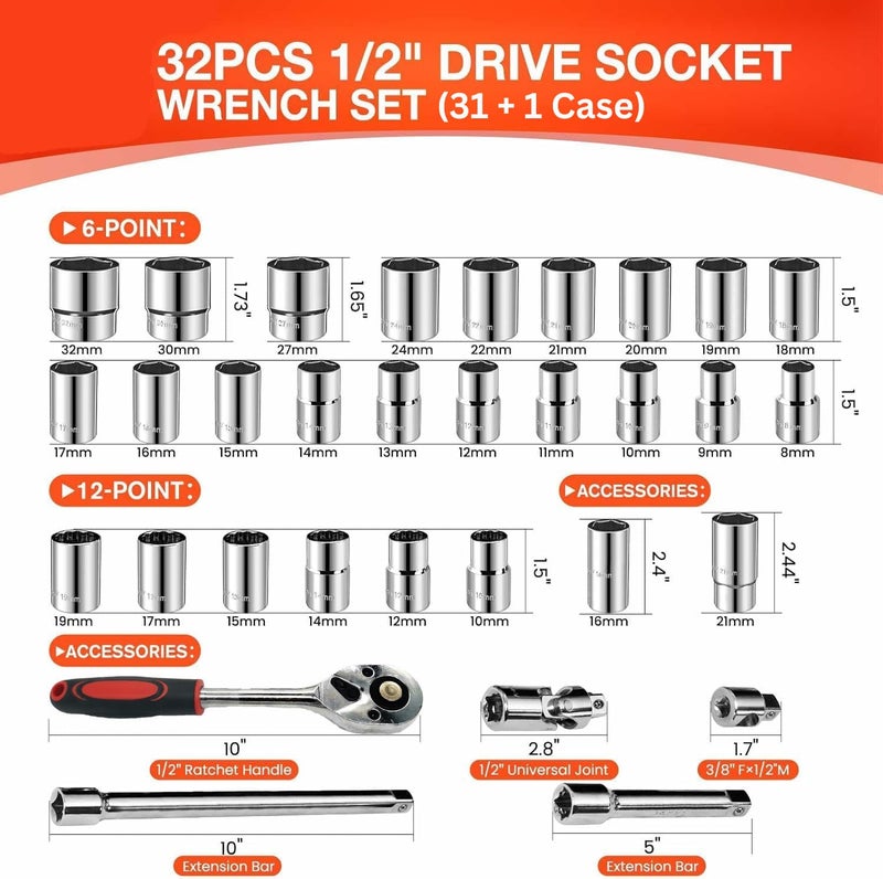 Zaptec 32Pcs 1/2 inch Socket Set - Ratchet Wrench Spanner Tool Goti Pana Set with Carry Box, for Automobiles, Bike, Car Repair Tool Kit - Image 2