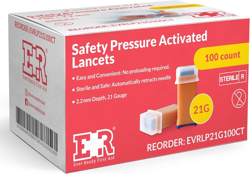 Ever Ready First Aid Safety Pressure Activated Lancets Sterile Push Lancets 22mm 21 Gauge for Blood Sugar Testing 100 Count - Image 1