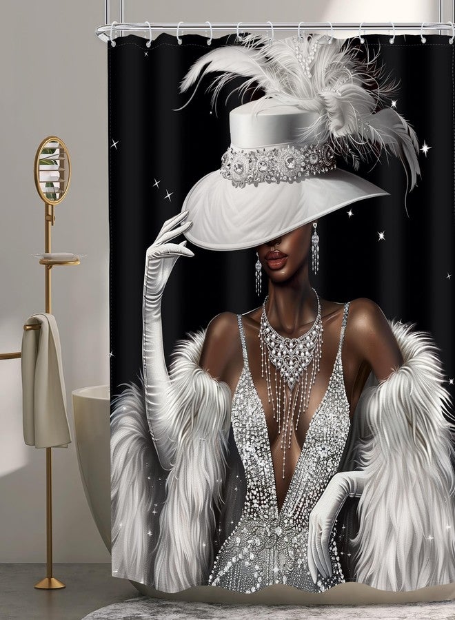 MESHELLY White Black Girl Shower Curtain 60Wx72H Modern Grey Silver Not Glittle African American Fashion Dress Diamond Luxury Bathroom Curtain Elegant Bathroom Accessories Decor Fabric with 12 Hooks - Image 1