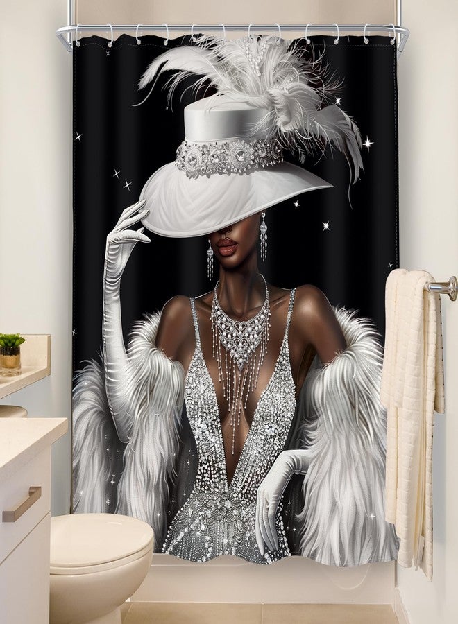 MESHELLY White Black Girl Shower Curtain 60Wx72H Modern Grey Silver Not Glittle African American Fashion Dress Diamond Luxury Bathroom Curtain Elegant Bathroom Accessories Decor Fabric with 12 Hooks - Image 4