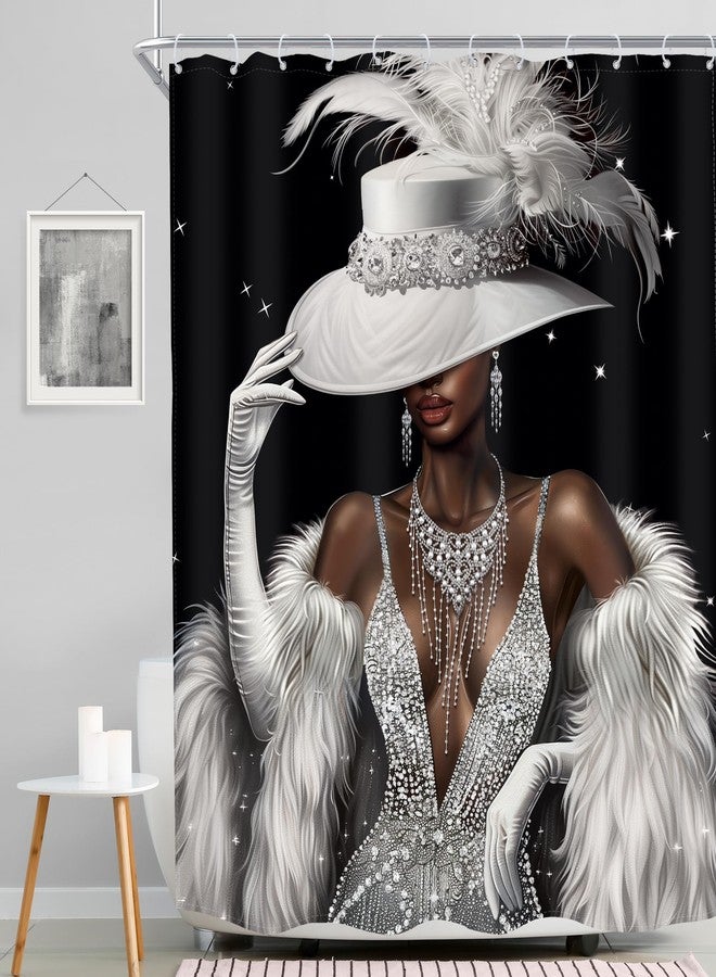 MESHELLY White Black Girl Shower Curtain 60Wx72H Modern Grey Silver Not Glittle African American Fashion Dress Diamond Luxury Bathroom Curtain Elegant Bathroom Accessories Decor Fabric with 12 Hooks - Image 2