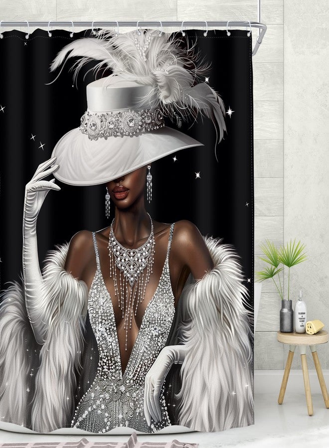 MESHELLY White Black Girl Shower Curtain 60Wx72H Modern Grey Silver Not Glittle African American Fashion Dress Diamond Luxury Bathroom Curtain Elegant Bathroom Accessories Decor Fabric with 12 Hooks - Image 3