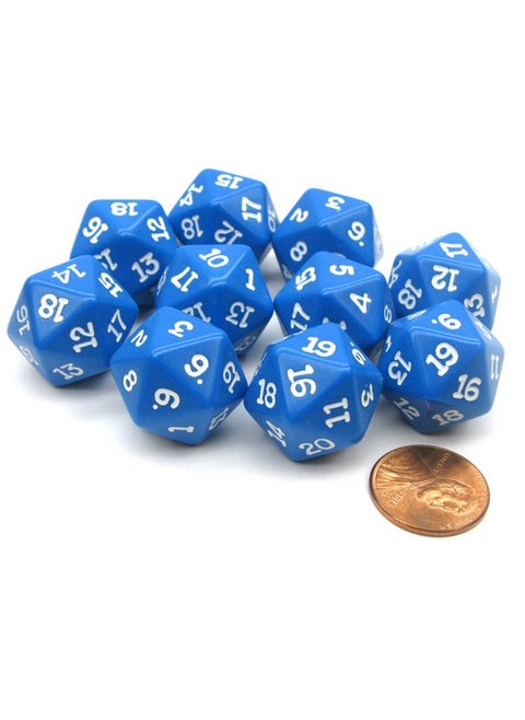 Set Of 10 Twenty Sided 19Mm D20 Opaque Rpg Dice Blue With White Numbers Die
