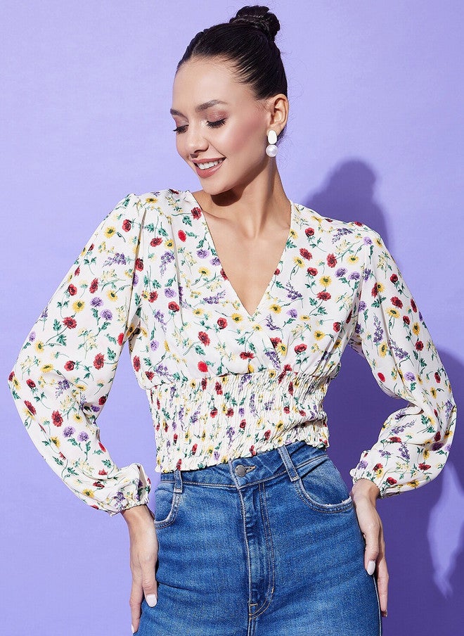 StyleStone بلوزة كروبية مزخرفة بأزهار من ستايل ستون بتصميم عنق على شكل V - Image 1