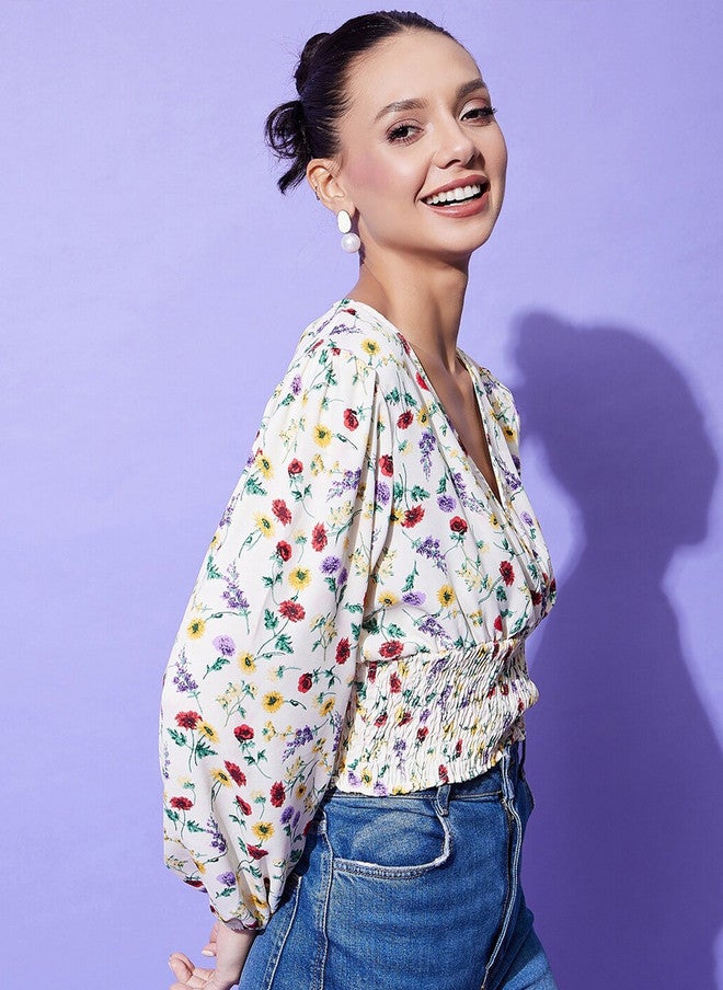 StyleStone بلوزة كروبية مزخرفة بأزهار من ستايل ستون بتصميم عنق على شكل V - Image 3