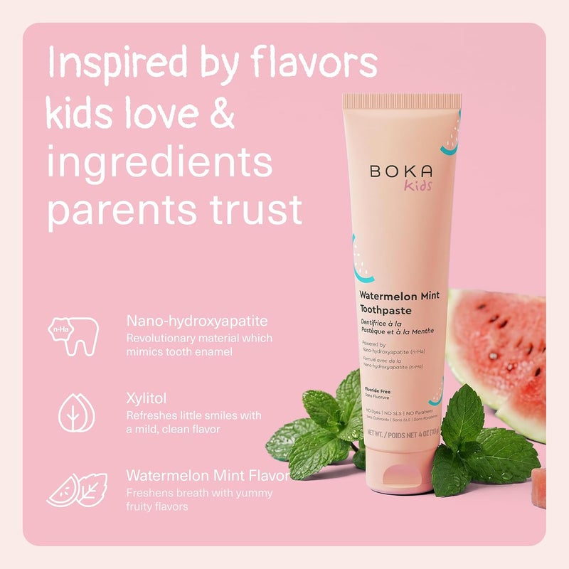 Boka Kids Watermelon Mint Fluoride Free Toothpaste with Nano Hydroxyapatite - 4 Oz (113g) - Image 1