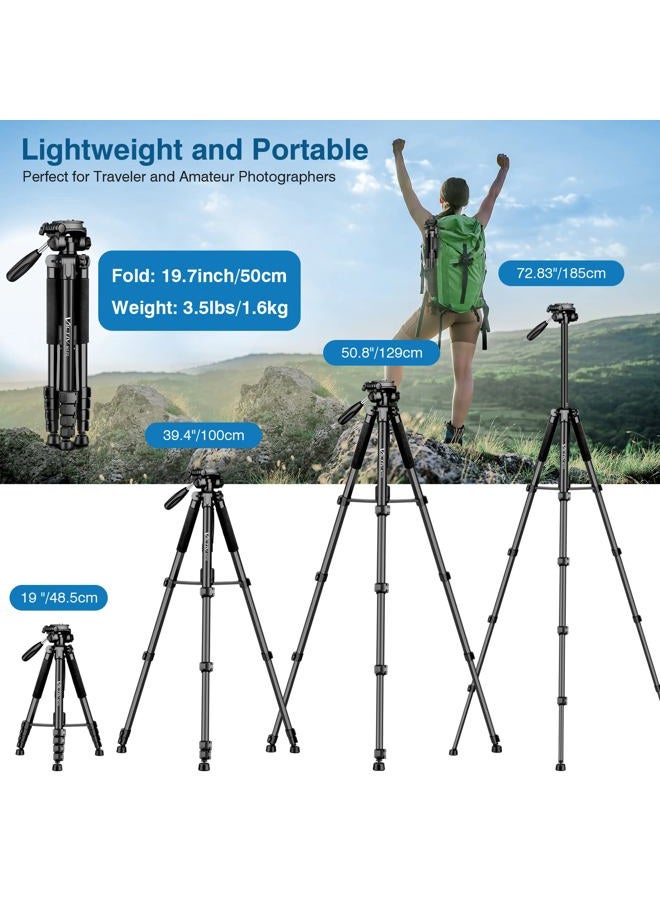Victiv Camera Tripod Upgraded Version T72 Max. Height 72-inch/182 cm - Lightweight and Compact for Travel with 3-Way Swivel Head and 2 Quick Release Plates for Canon Nikon DSLR Video Shooting - Black - Image 3