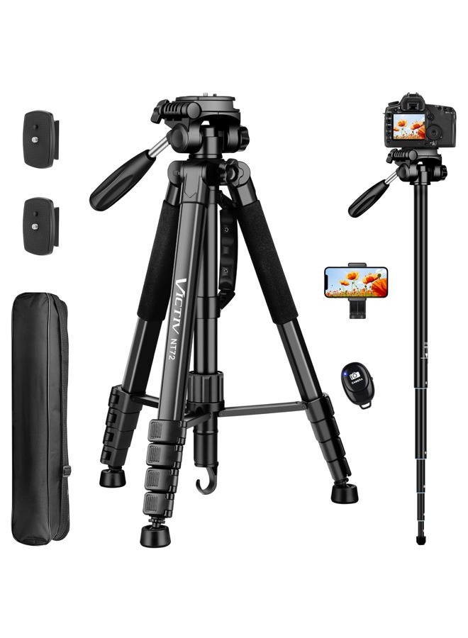 Victiv Camera Tripod Upgraded Version T72 Max. Height 72-inch/182 cm - Lightweight and Compact for Travel with 3-Way Swivel Head and 2 Quick Release Plates for Canon Nikon DSLR Video Shooting - Black - Image 1