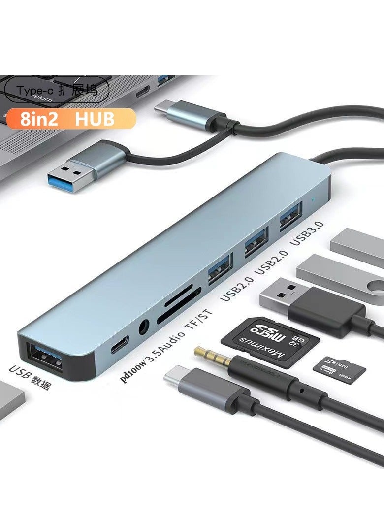 USB 3.0 & Type-C to 8-Port Hub – USB 3.0 x1 + USB 2.0 x3 + TF/SD Card Reader + Type-C Data + 3.5mm Audio Port – Multiport Adapter for Laptop, Phone, Tablet – Aluminum Shell, 135mm Cable – Boxed