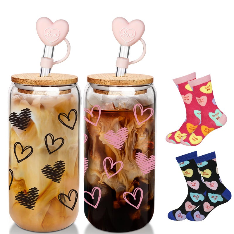 Valentines Day Glass Cups with Socks Valentines Day Gifts For HimHer 18 OZ Hearts Glass Cups GiftsWarm Socks for Women Men Couple Iced Coffee CupsGlass Cups with Lids and Straws  2 Sets