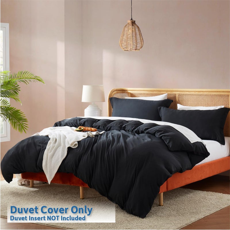 Nestl Black Davet Cover الحجم الكامل - غطاء لحاف كامل الحجم الناعم مجموعة من 3 قطع مزدوجة أغطية لحاف كاملة مزدوجة مع إغلاق الزر 1 غطاء لحاف كامل 80 × 90 بوصة و 2 وسادة - Image 2