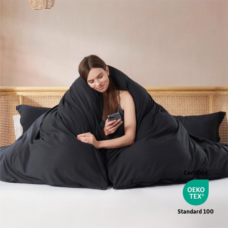 Nestl Black Davet Cover الحجم الكامل - غطاء لحاف كامل الحجم الناعم مجموعة من 3 قطع مزدوجة أغطية لحاف كاملة مزدوجة مع إغلاق الزر 1 غطاء لحاف كامل 80 × 90 بوصة و 2 وسادة - Image 3