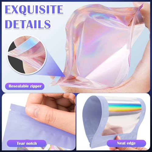 JETMORE 100 Pcs Mylar Bags, Smell Proof Bags Foil Pouch, Holographic Resealable Bags for Small Business, Candy Sample Jewelry Bag Sealable Packaging for Party Favor Food Storage (4x6in-Purple) - Image 5
