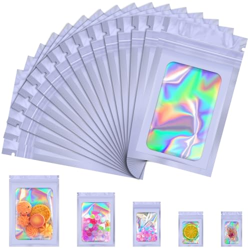 JETMORE 100 Pcs Mylar Bags, Smell Proof Bags Foil Pouch, Holographic Resealable Bags for Small Business, Candy Sample Jewelry Bag Sealable Packaging for Party Favor Food Storage (4x6in-Purple) - Image 1