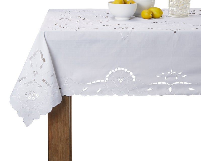 Violet Linen Sapphire Embroidered Design Tablecloth Size: 60" X 120", Color: White - Image 1