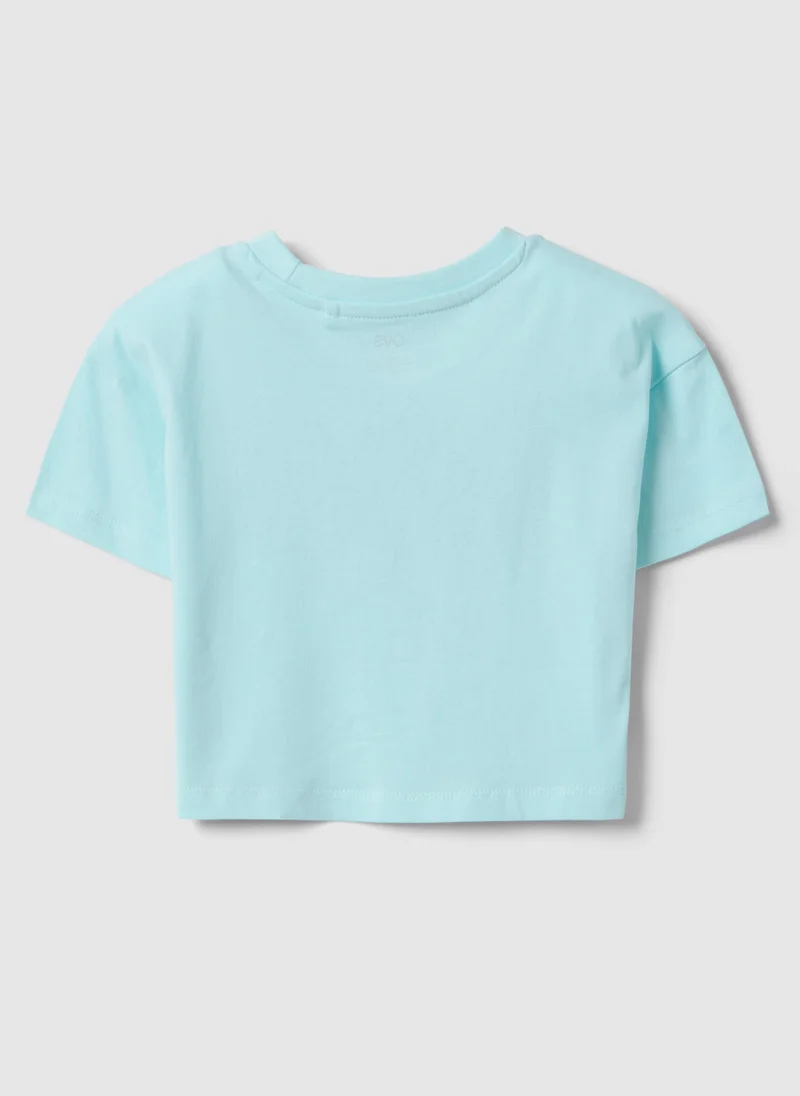 او في اس Ovs Girl'S Blue Boxy Fit Pure Cotton T-Shirt With Print