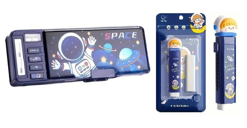 Invite Enterprise Invite New Cartoon Theme Pencil Box with Push Pull Eraser Set for Kids | Suitcase Style Password Lock Stationery Organizer | School Supplies Gift Combo for Boys & Girls (Space Compass + Eraser) - Image 1