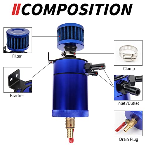 WENJTP Oil Catch Can Kit with 4 Adapters + Breather Filter Drain Valve Plug 2 Ports (1 oulet + 1 inlet) 150ml Universal Aluminum Baffled Oil Reservoir Tank Oil Separator HTRACING (Blue) - Image 4