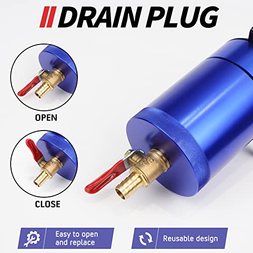 WENJTP Oil Catch Can Kit with 4 Adapters + Breather Filter Drain Valve Plug 2 Ports (1 oulet + 1 inlet) 150ml Universal Aluminum Baffled Oil Reservoir Tank Oil Separator HTRACING (Blue) - Image 5