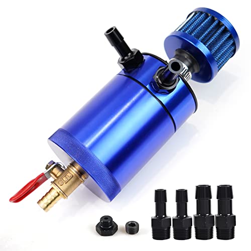 WENJTP Oil Catch Can Kit with 4 Adapters + Breather Filter Drain Valve Plug 2 Ports (1 oulet + 1 inlet) 150ml Universal Aluminum Baffled Oil Reservoir Tank Oil Separator HTRACING (Blue) - Image 1