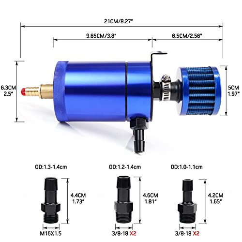 WENJTP Oil Catch Can Kit with 4 Adapters + Breather Filter Drain Valve Plug 2 Ports (1 oulet + 1 inlet) 150ml Universal Aluminum Baffled Oil Reservoir Tank Oil Separator HTRACING (Blue) - Image 2