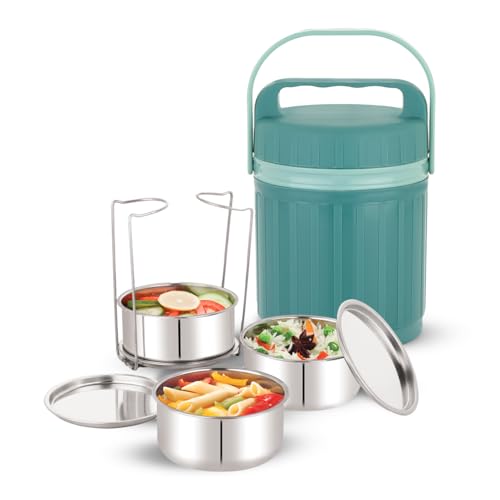 WARMEO PRO Meal 3 Pcs Stainless Steel Containers 250 ml Each, PU Insulated, Hot & Cold Leak-Proof Lunch Box for Office, College, Picnic, Green - Image 1