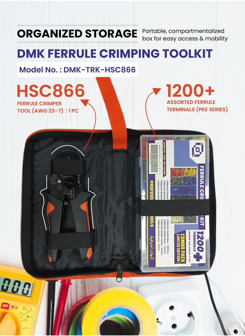 Ferrule Crimping Tool Kit, 1200 PCS Terminals + HS30J Crimping Tool (AWG23-7) – Versatile Wire Terminal Connector Set for Electrical Projects